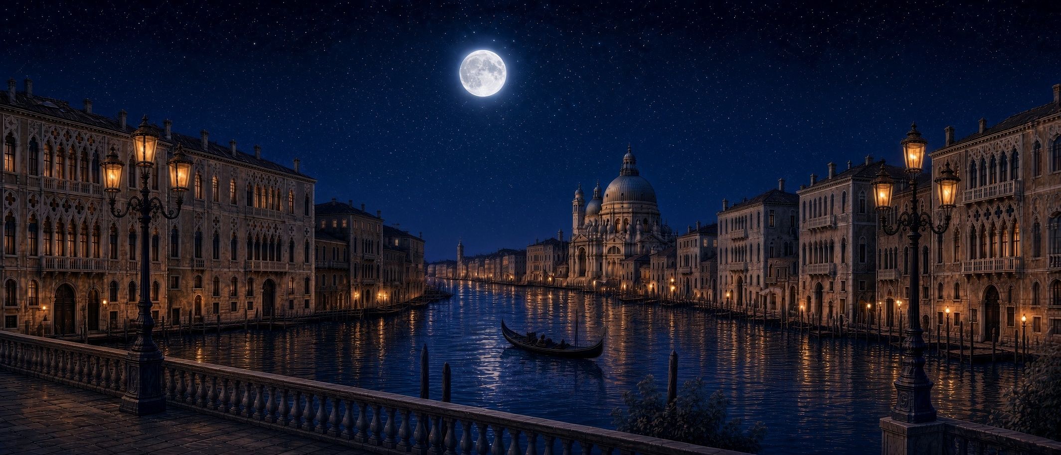 Il Canal Grande di Venezia di notte, con una gondola e la basilica della Salute sotto la luna piena